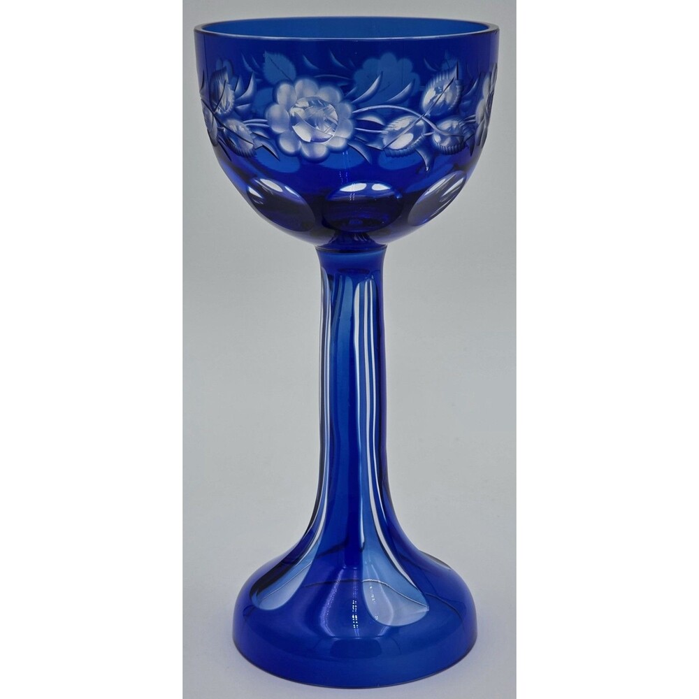 8.5" Bohemian Czech Crystal Cut-to-Clear Cobalt Blue Goblet